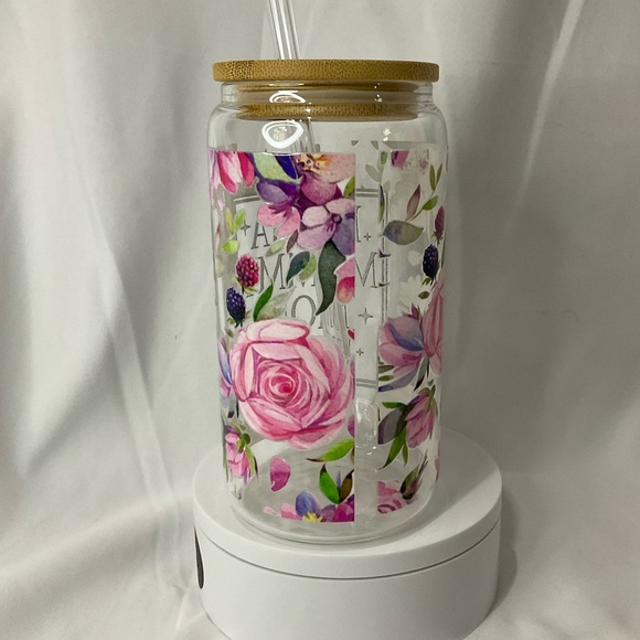16 Ounce Handmade Clear Glass Can Cup, W/Lid & Straw, Mama Floral - Picture 5 of 13